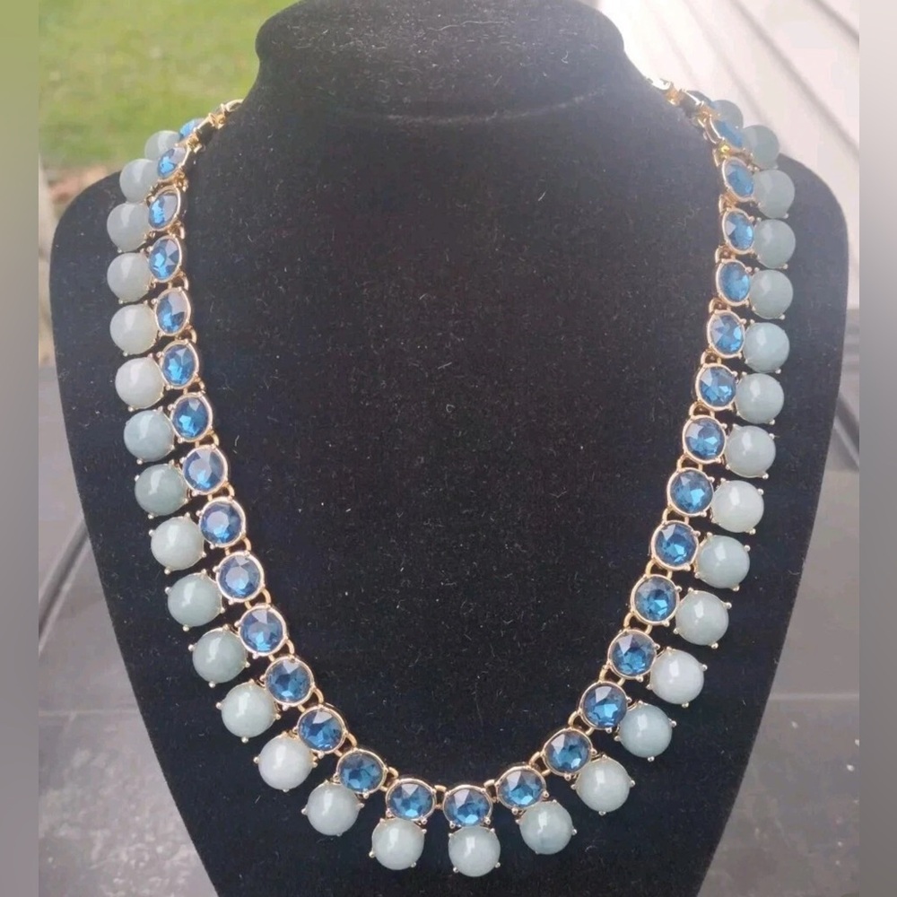 WHBM Gold Blue Double Row Statement Necklace | Genuine Jade & Glass Beads